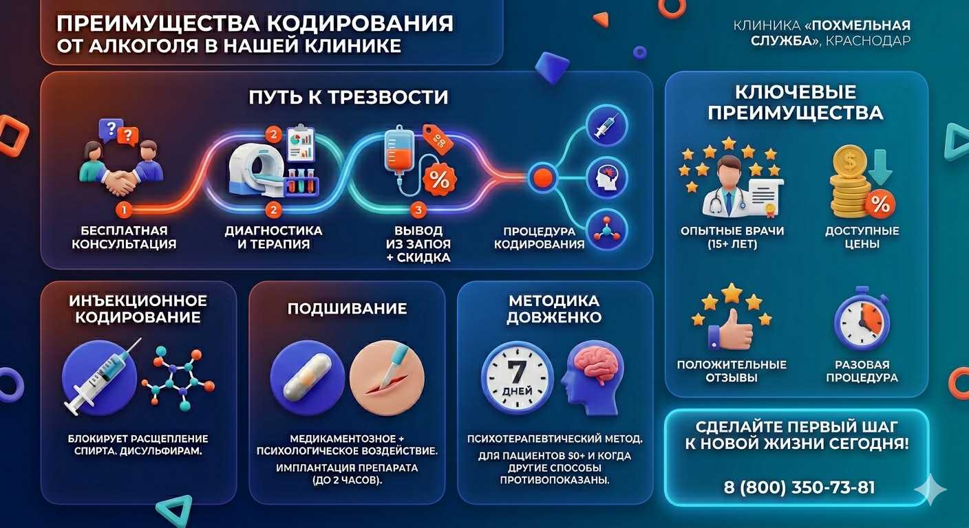 Инфографика о методах кодирования от алкоголя в Андреевке: инъекции, подшивание, метод Довженко. Преимущества клиники и этапы лечения.
