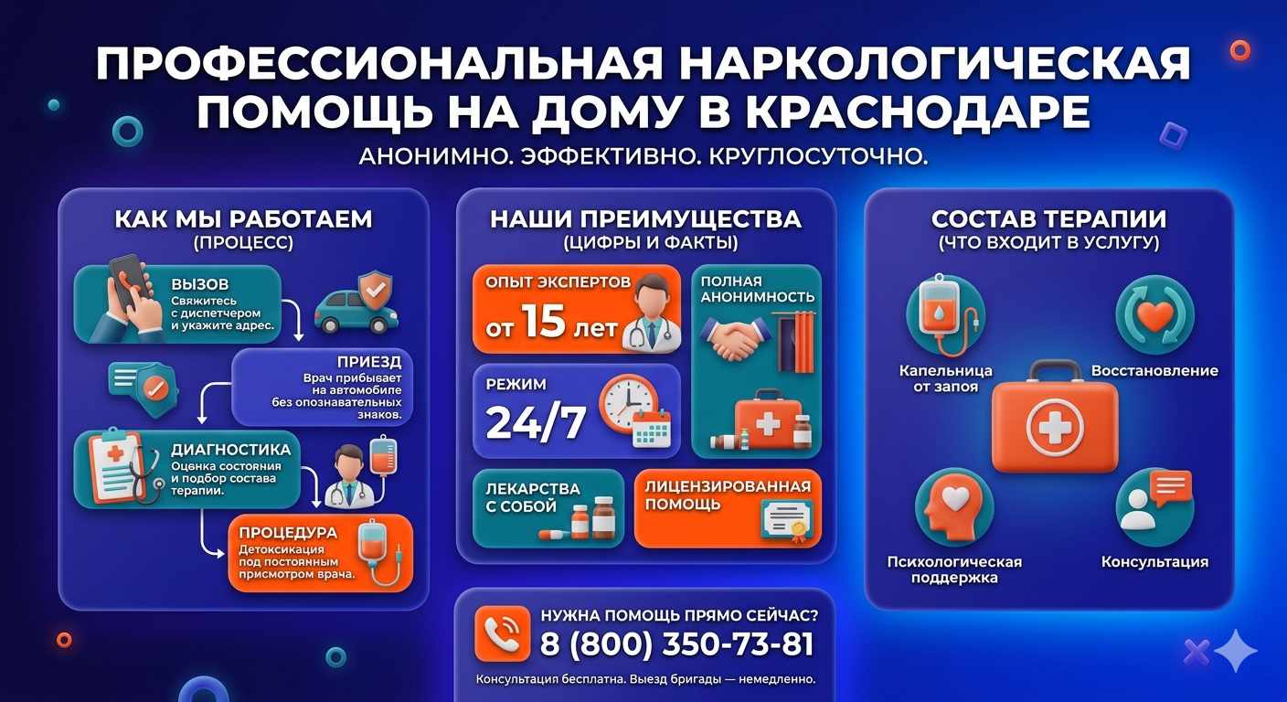 Инфографика о принципах лечения алкоголизма на дому в Андреевке: этапы вызова нарколога, преимущества анонимной детоксикации и состав медицинской помощи.